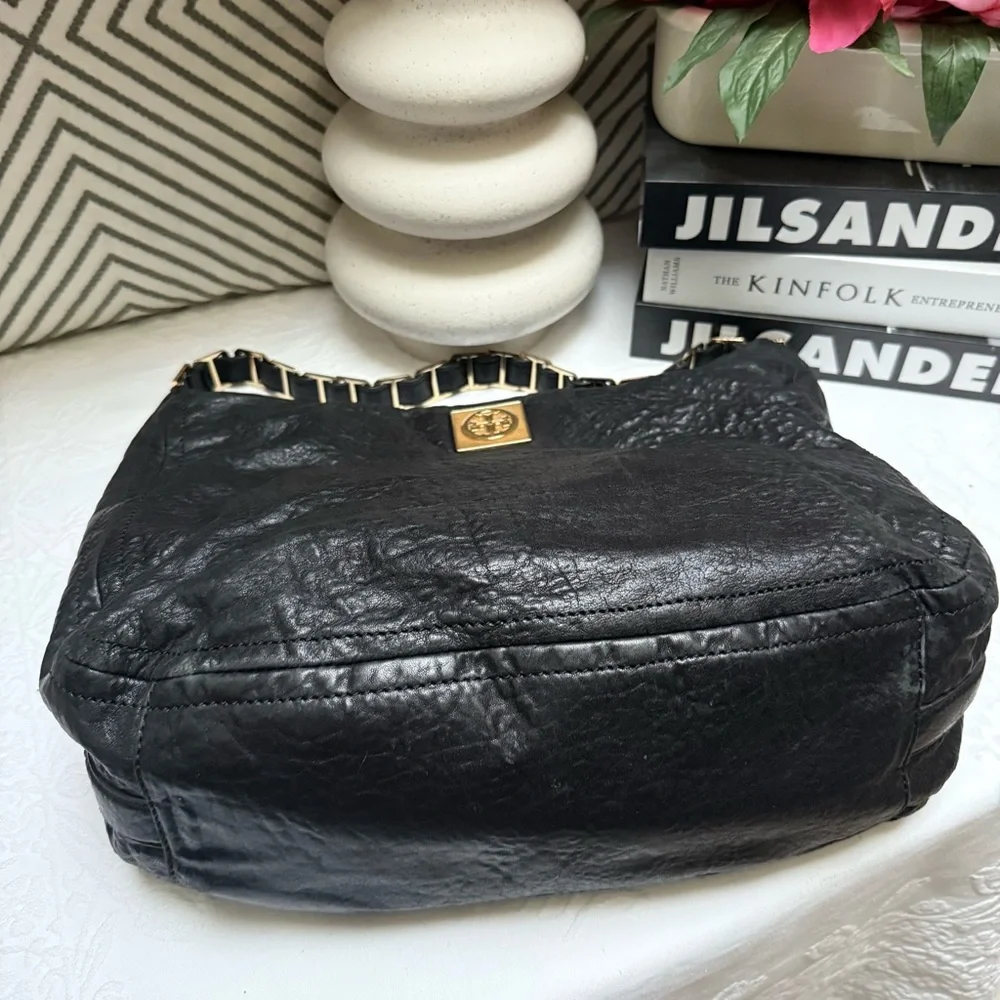 Tory Burch Black Leather Hobo with Gold Chain Detail